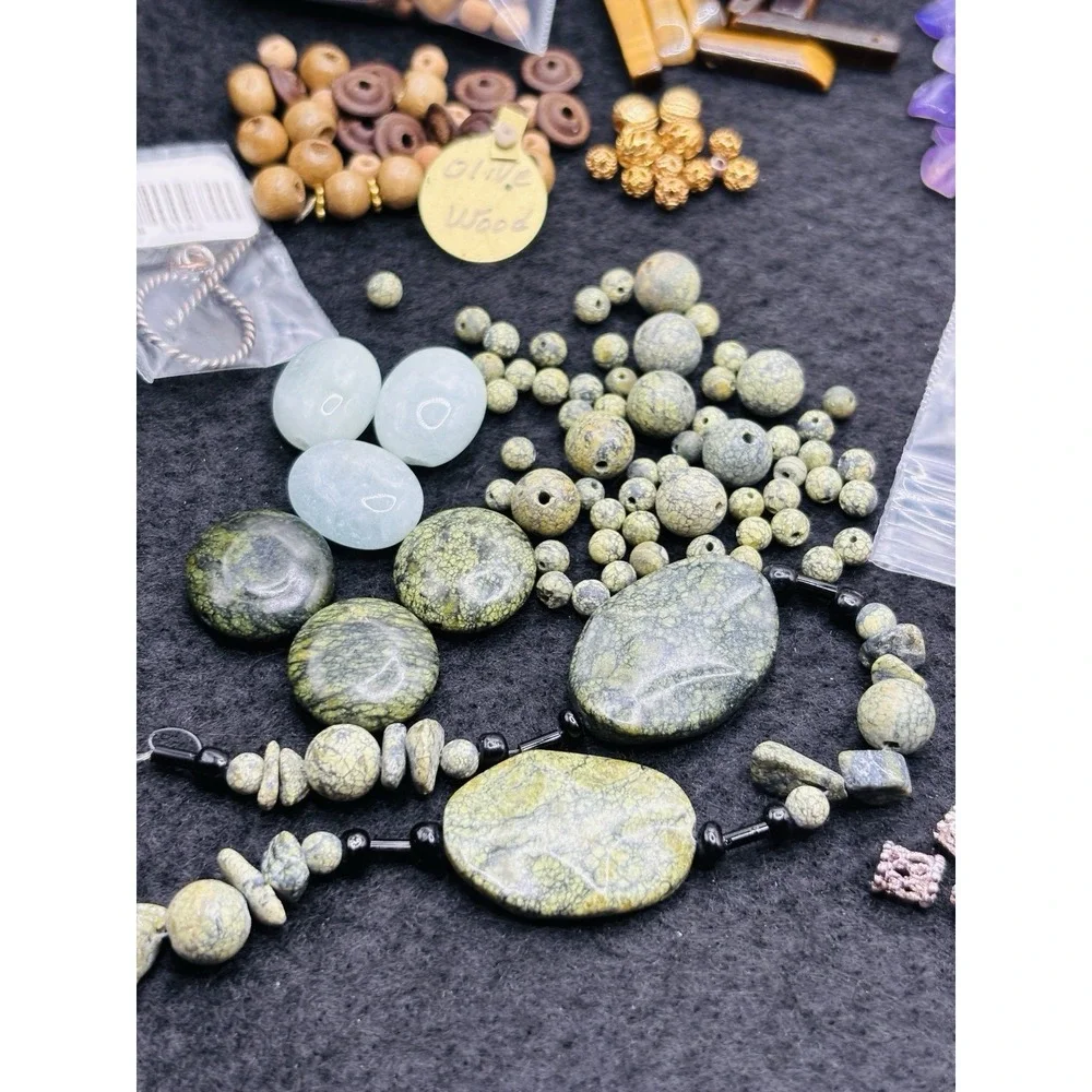 Lot of Jewelry Making Bead mix Amethyst Gemstone Chips Jade shell olive wood Hex